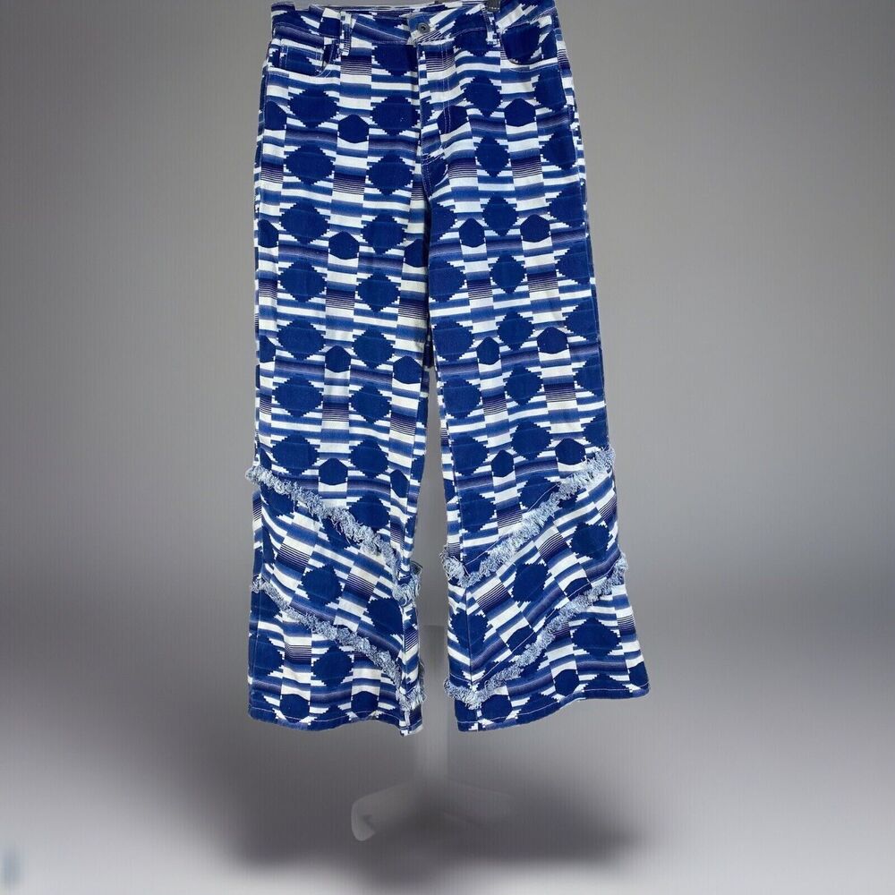 Mandinga Jeans Women XL Aztec Geometric Sky Blue Cotton Wide Leg $195